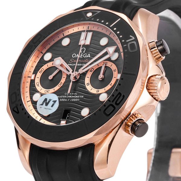 Omega Seamaster Diver 300m Clone Black Dial Rose Gold Rubber Strap 44mm (Copy)