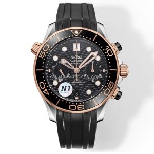 Omega Seamaster Diver 300m Clone Watch with Black Dial, Rose Gold Accents, and Rubber Strap