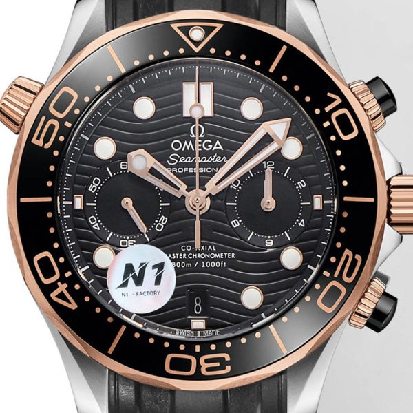 Omega Seamaster Diver 300m Clone Black Dial Rose Gold Accents 44mm (Copy)