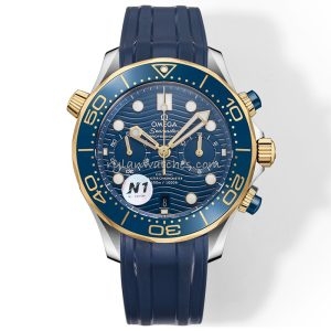 Omega Seamaster Diver 300m Clone Watch with Blue Dial, Gold Accents, and Rubber Strap