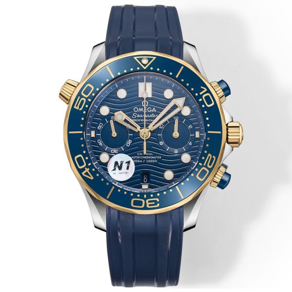 Omega Seamaster Diver 300m Clone Watch with Blue Dial, Gold Accents, and Rubber Strap