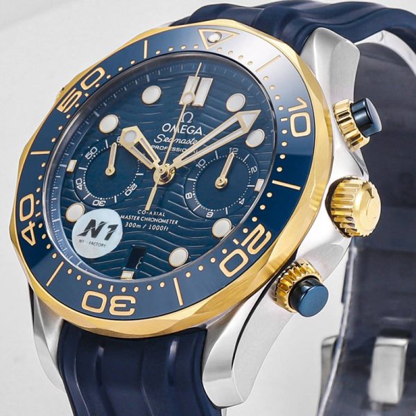 Omega Seamaster Diver 300m Clone Watch with Blue Dial and Gold Accents 44mm (Copy)