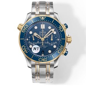 Omega Seamaster Diver 300m Clone Watch with Blue Dial, Gold Accents, and Chronograph