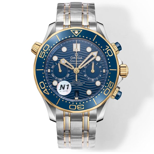Omega Seamaster Diver 300m Clone Watch with Blue Dial, Gold Accents, and Chronograph