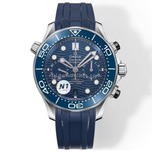 Omega Seamaster Diver 300m Clone Watch with Blue Wave Dial and Rubber Strap