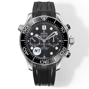 Omega Seamaster Diver 300m Clone Watch with Black Wave Dial, Chronograph, and Rubber Strap
