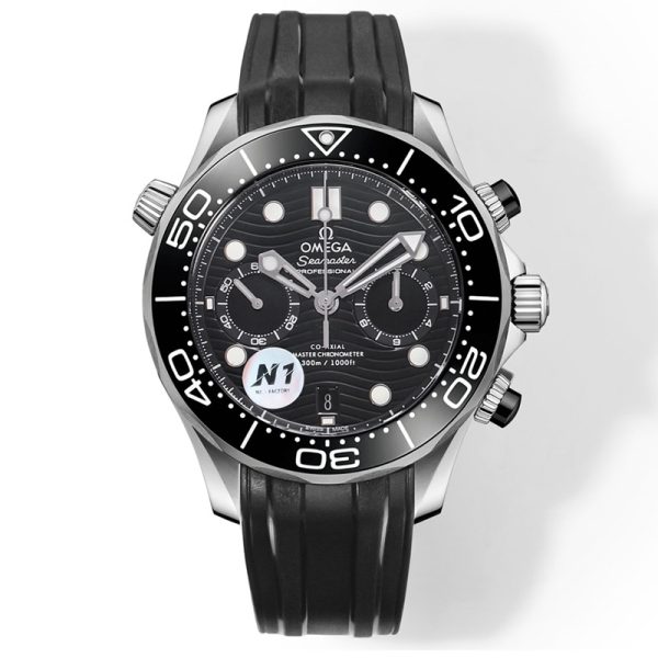 Omega Seamaster Diver 300m Clone Watch with Black Wave Dial, Chronograph, and Rubber Strap