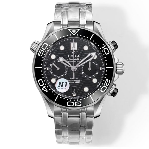 Omega Seamaster Diver 300m Clone Watch with Black Wave Dial and Stainless Steel Bracelet